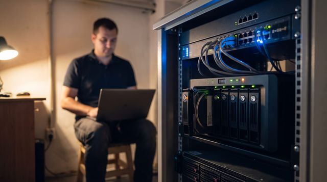 Illusztráció: félhomályos kis szerverszoba, nyitott rackben lemezes tároló zöld és borostyán állapotjelzőkkel, egy lemez félig kihúzva; előtte laptoppal dolgozó technikus életlenül.
