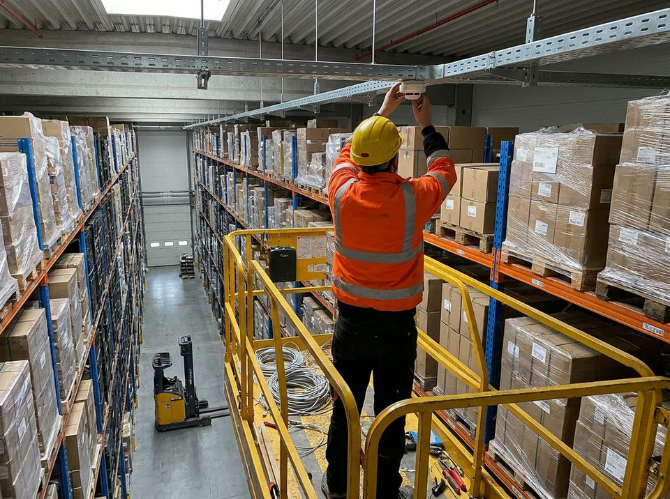 Technikus ollós emelőn, magasraktári sor fölött füstérzékelőt szerel a mennyezeti kábeltálcára.